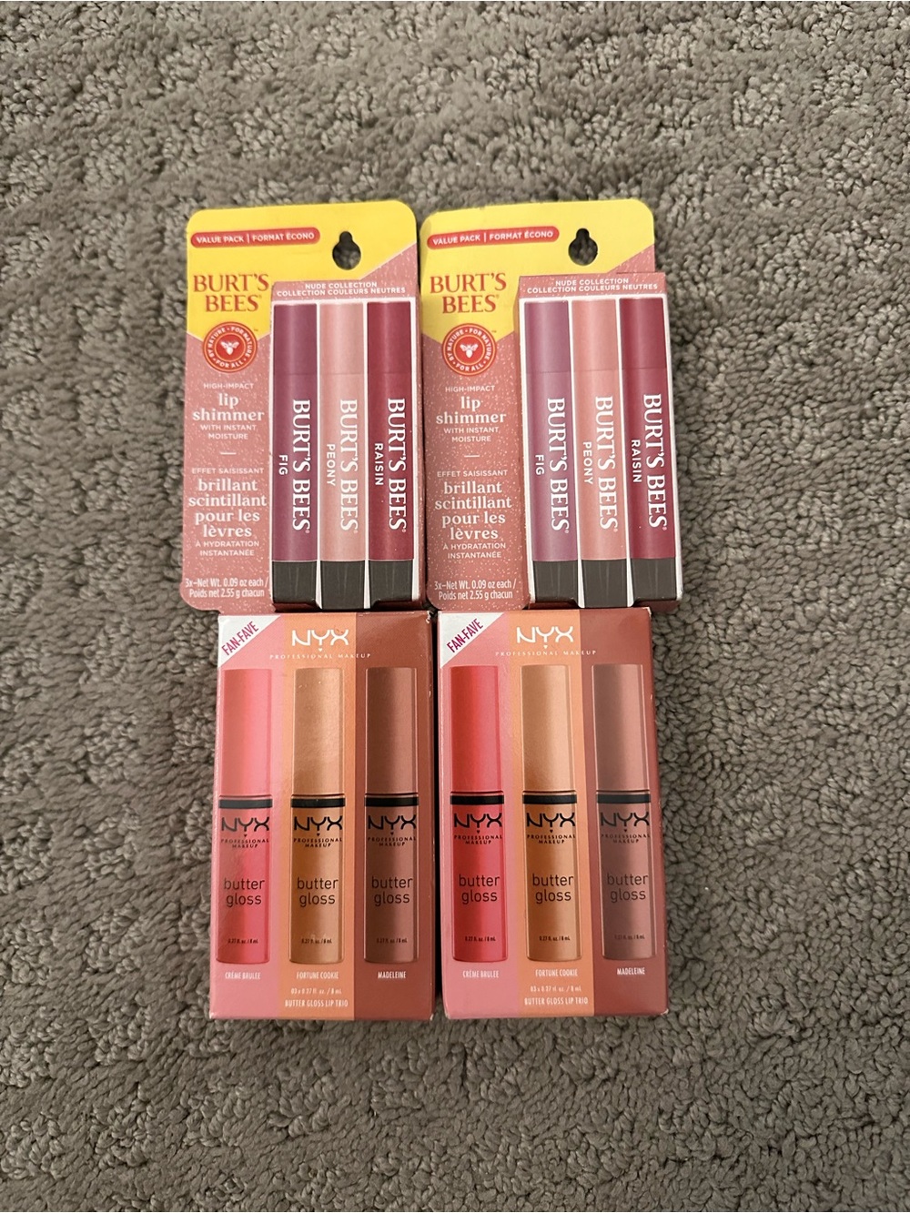 BRAND NEW 2 Sets of Burt’s Bees Lip Shimmer & 2 Sets of NYX Butter Lip Gloss Lot